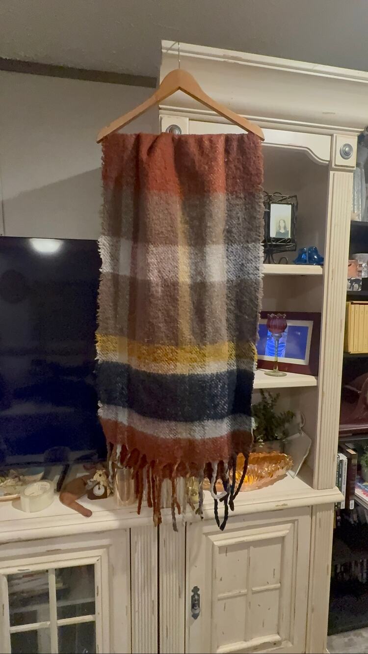 Oversized Plaid Blanket Scarf Rust Gray Mustard Fringe One Size